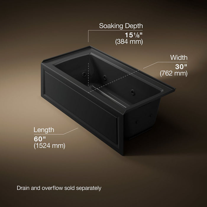 KOHLER K-1947-HRA Archer 60" x 30" alcove heated whirlpool bath, right drain, black black - view 5