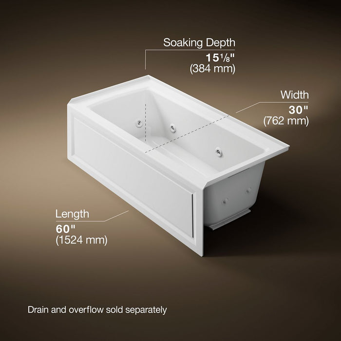 KOHLER K-1947-HRA Archer 60" x 30" alcove heated whirlpool bath, right drain, white - view 5