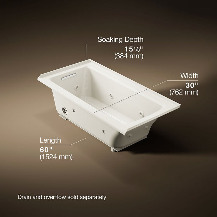 KOHLER K-1947-L Archer 60" x 30" alcove whirlpool bath, left drain, biscuit - view 5