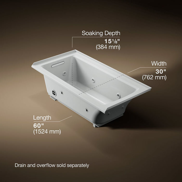 KOHLER K-1947-LH Archer 60" x 30" alcove heated whirlpool bath, left drain, ice grey - view 5