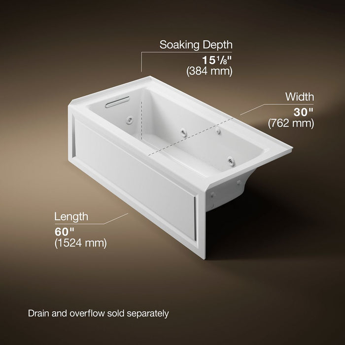 KOHLER K-1947-XGHLA Archer 60" x 30" alcove Heated BubbleMassage air bath and whirlpool, left drain, white - view 5