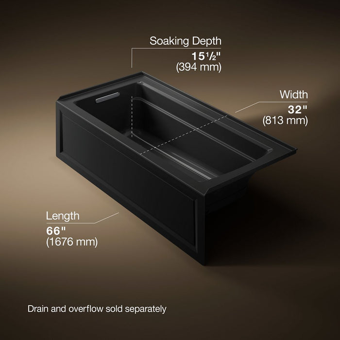 KOHLER K-1949-GHLA Archer 66" x 32" alcove Heated BubbleMassage air bath, left drain, black black - view 5