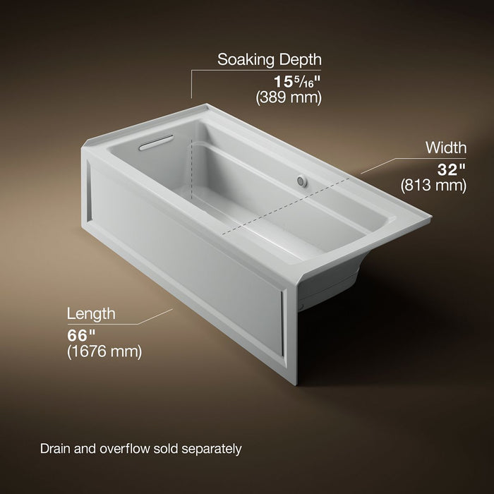 KOHLER K-1949-GHLAW Archer 66" x 32" alcove Heated BubbleMassage air bath with Bask heated surface, left drain, ice grey...