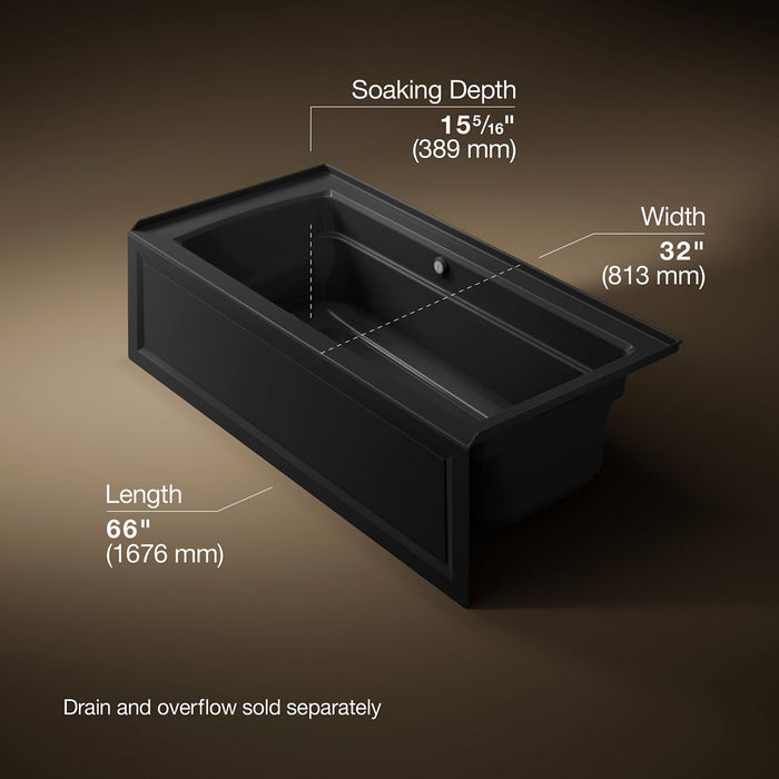 KOHLER K-1949-GHRAW Archer 66" x 32" alcove Heated BubbleMassage air bath with Bask heated surface, right drain, black...