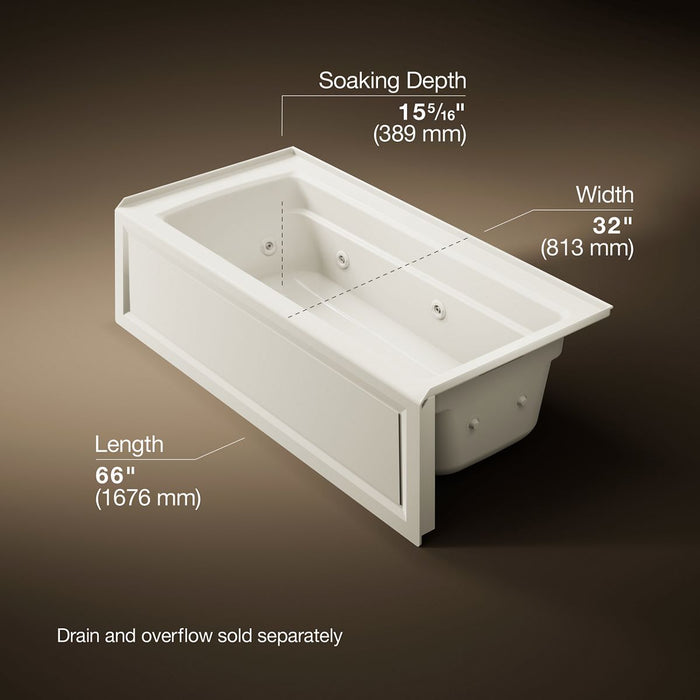 KOHLER K-1949-RA Archer 66" x 32" alcove whirlpool, right drain, biscuit - view 5