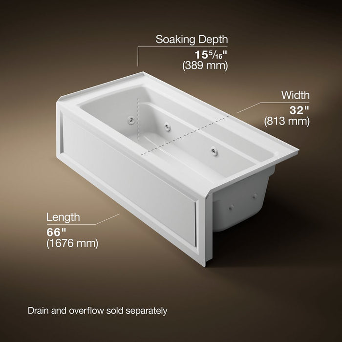 KOHLER K-1949-RA Archer 66" x 32" alcove whirlpool, right drain, white - view 5