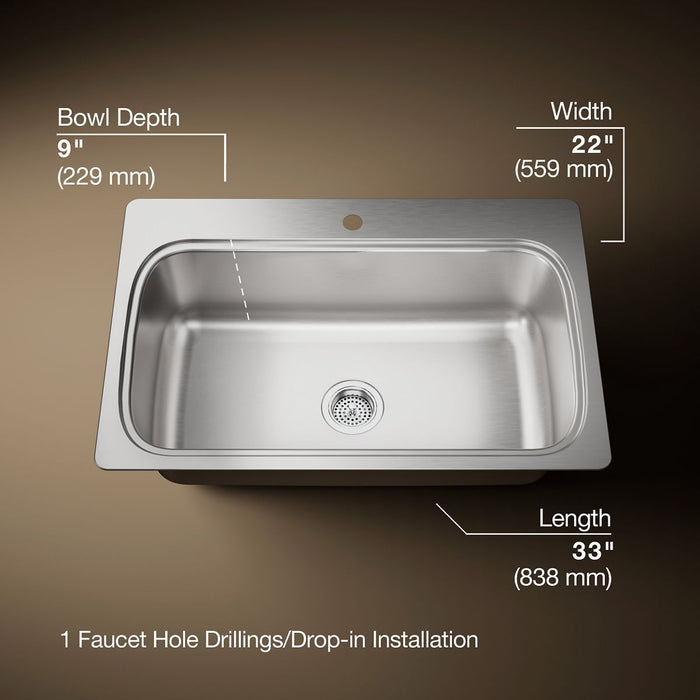 KOHLER K-20060-1 Verse 33" top-mount single-bowl kitchen sink, stainless steel - view 4