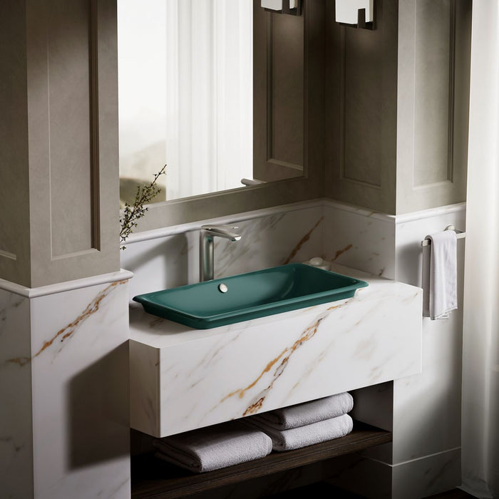 KOHLER K-20212-PAT Iron Plains 30" rectangular drop-in / undermount / vessel bathroom sink, teal exterior with teal...