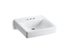 KOHLER K-2054-N Soho 20" x 18" wall-mount/concealed arm carrier bathroom sink with 4" centerset faucet holes, white