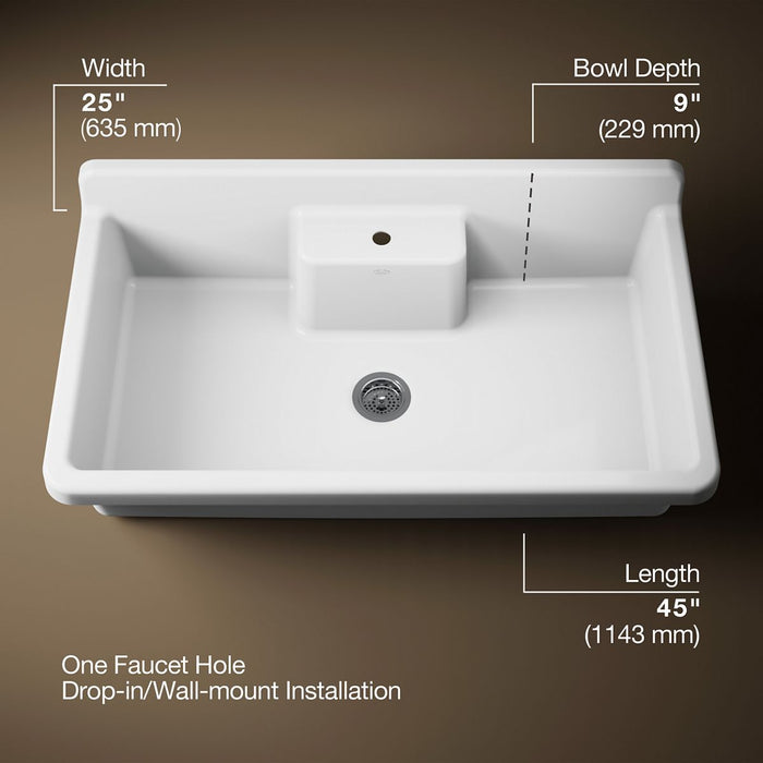 KOHLER K-21103-1HW Farmstead 45" top-/wall-mount single-bowl workstation farmhouse kitchen sink, white - view 5