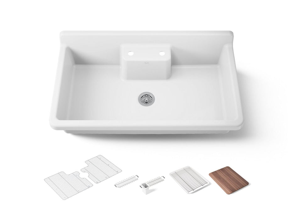 KOHLER K-21103-2HW Farmstead 45" top-/wall-mount single-bowl workstation farmhouse kitchen sink, white