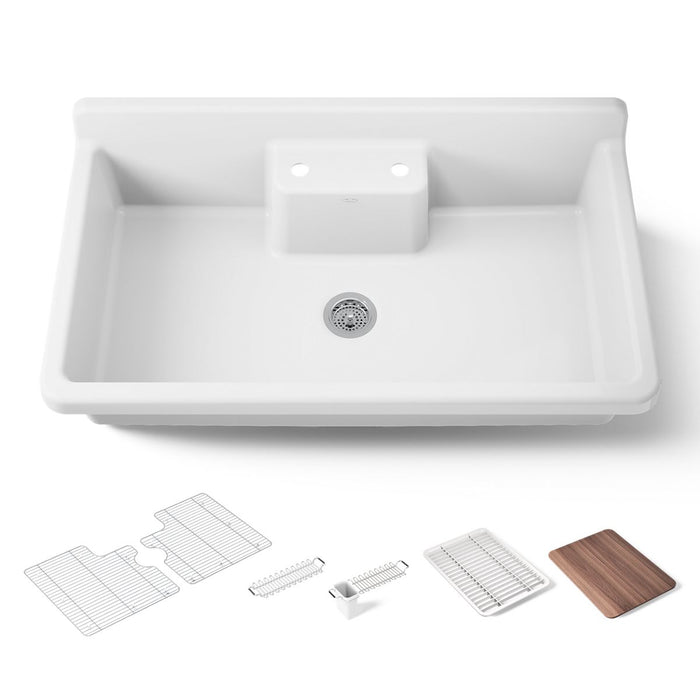 KOHLER K-21103-2HW Farmstead 45" top-/wall-mount single-bowl workstation farmhouse kitchen sink, white - view 4
