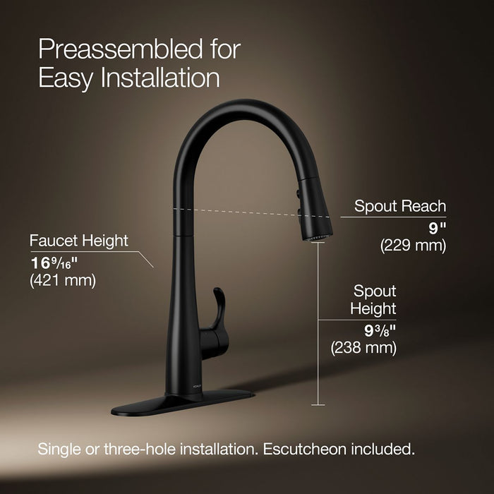 KOHLER K-22036 Simplice Touchless pull-down kitchen sink faucet with three-function sprayhead, matte black - view 5