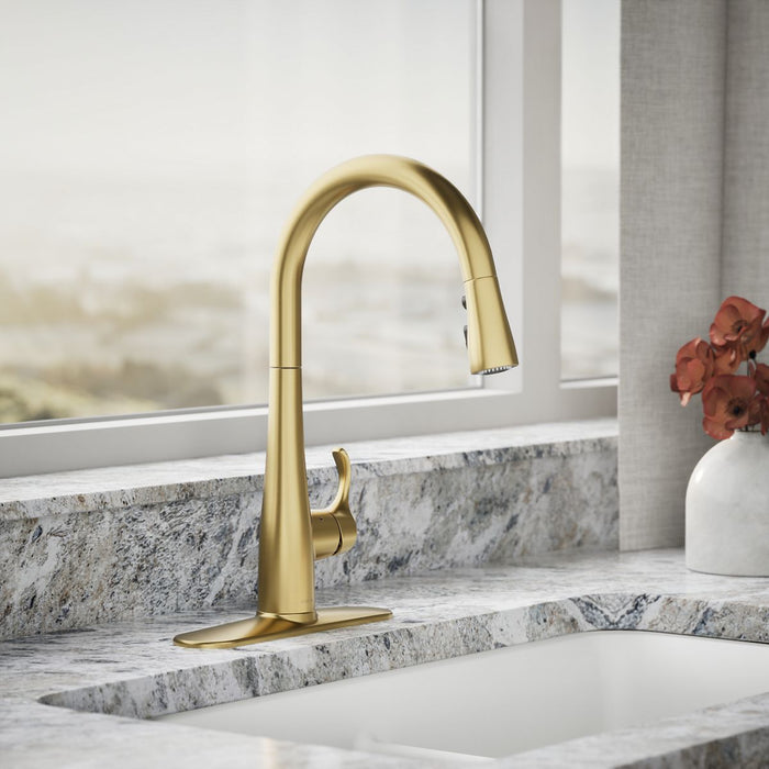 KOHLER K-22036 Simplice Touchless pull-down kitchen sink faucet with three-function sprayhead, vibrant brushed moderne...