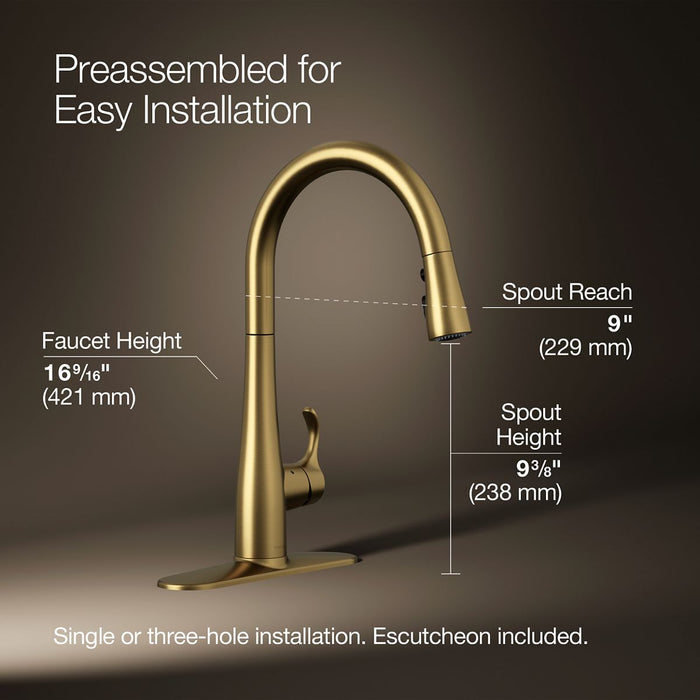 KOHLER K-22036 Simplice Touchless pull-down kitchen sink faucet with three-function sprayhead, vibrant brushed moderne...