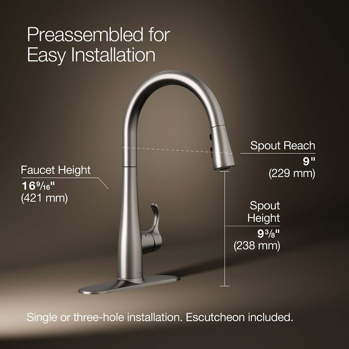 KOHLER K-22036 Simplice Touchless pull-down kitchen sink faucet with three-function sprayhead, vibrant stainless - view 5