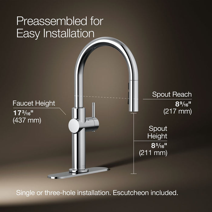 KOHLER K-22974 Crue Touchless pull-down kitchen sink faucet with three-function sprayhead