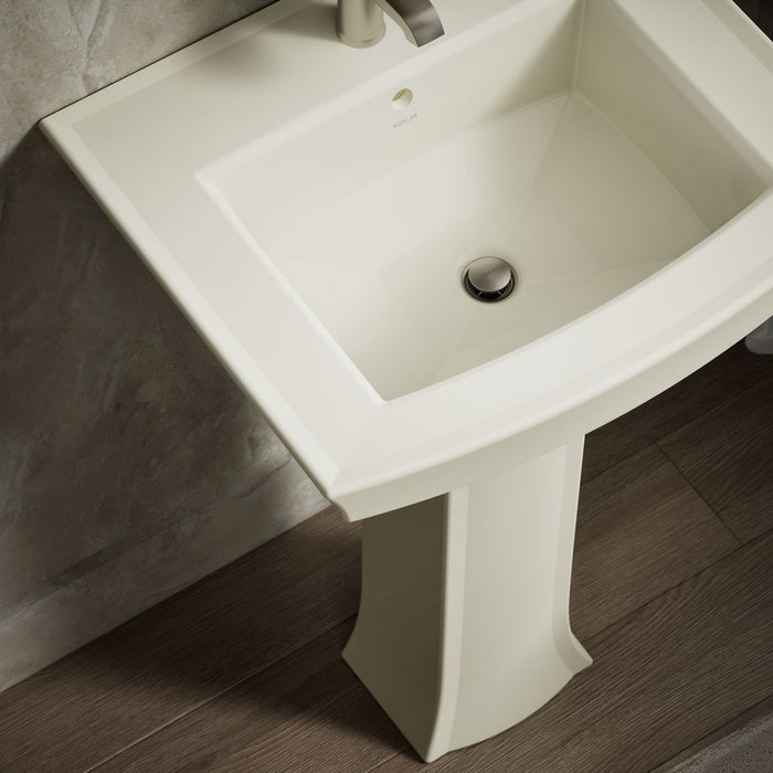 KOHLER K-2359-1 Archer 24" Rectangular Pedestal Bathroom Sink, Biscuit - Shows close up detail of product in room
