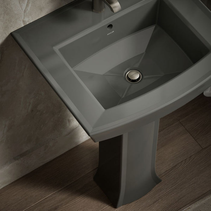 KOHLER K-2359-1 Archer 24" Rectangular Pedestal Bathroom Sink, Thunder Grey - Shows close up detail of product in room