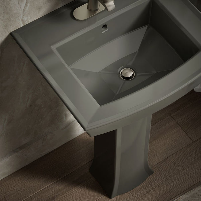 KOHLER K-2359-4 Archer 24" Rectangular Pedestal Bathroom Sink, Thunder Grey - Shows close up detail of product in room