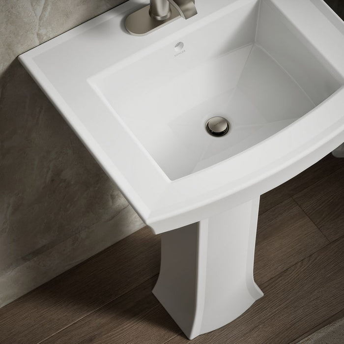 KOHLER K-2359-4 Archer 24" Rectangular Pedestal Bathroom Sink, White - Shows close up detail of product in room