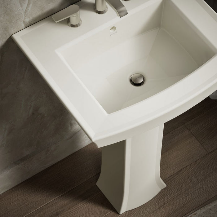 KOHLER K-2359-8 Archer 24" Rectangular Pedestal Bathroom Sink, Biscuit - Shows close up detail of product in room