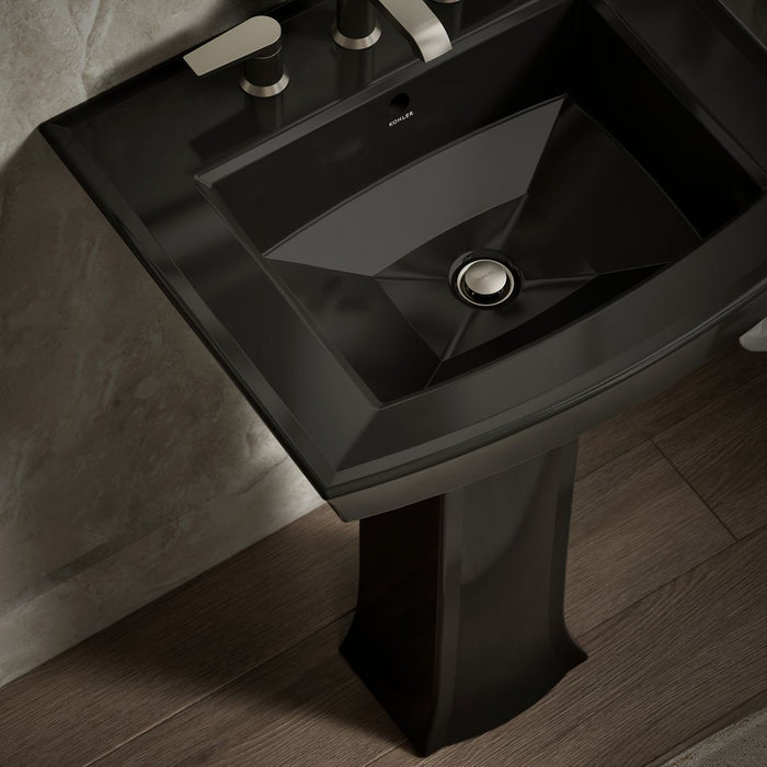 KOHLER K-2359-8 Archer 24" Rectangular Pedestal Bathroom Sink, Black Black - Shows close up detail of product in room