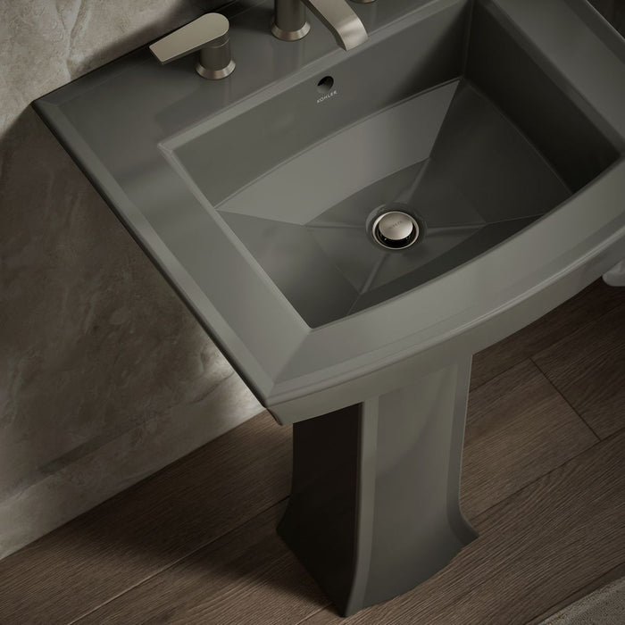 KOHLER K-2359-8 Archer 24" Rectangular Pedestal Bathroom Sink, Thunder Grey - Shows close up detail of product in room