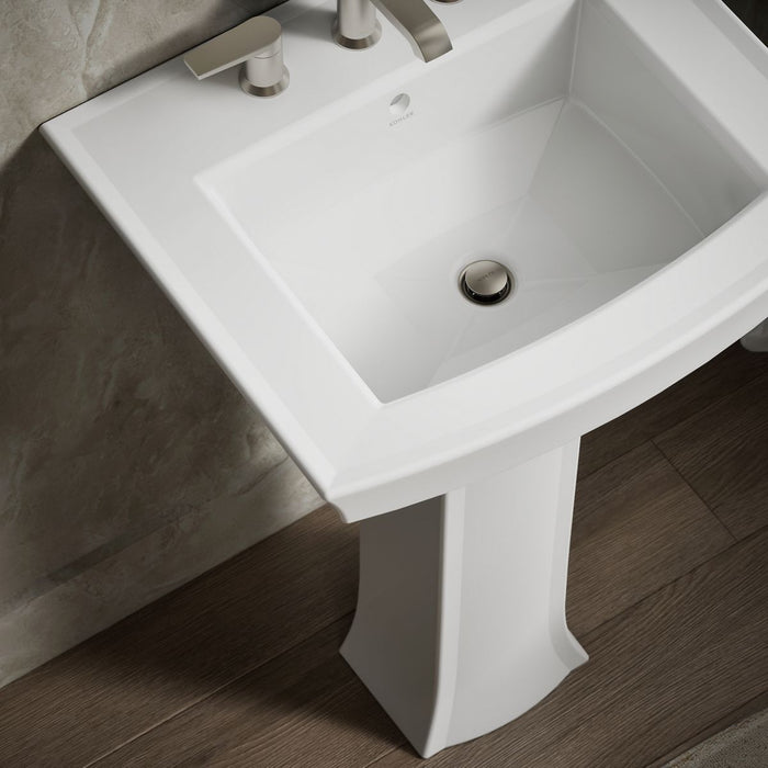 KOHLER K-2359-8 Archer 24" Rectangular Pedestal Bathroom Sink, White - Shows close up detail of product in room