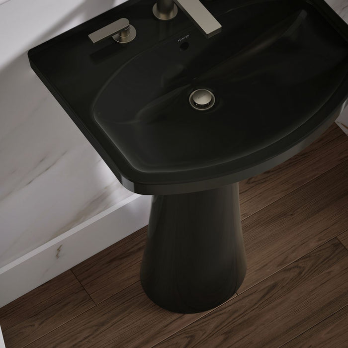 KOHLER K-2362-8 Cimarron 22-3/4" Rectangular Pedestal Bathroom Sink, Black Black - Shows close up detail of product in room