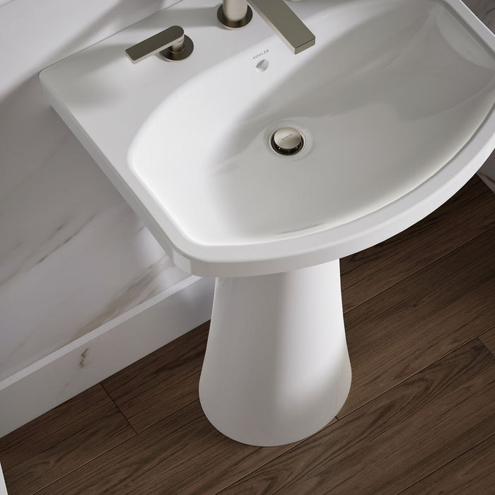 KOHLER K-2362-8 Cimarron 22-3/4" Rectangular Pedestal Bathroom Sink, White - Shows close up detail of product in room