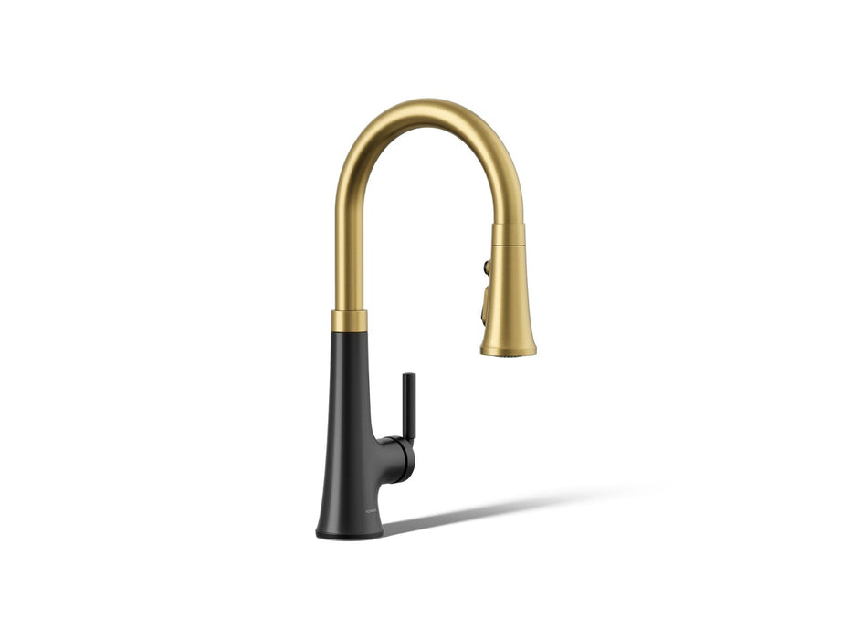 KOHLER K-23764 Tone Pull-down kitchen sink faucet with three-function sprayhead, matte black with brushed moderne brass