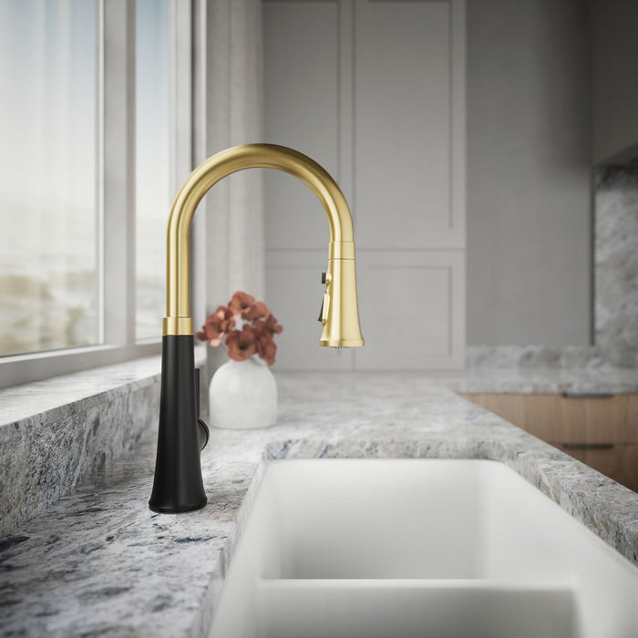 KOHLER K-23764 Tone Pull-down kitchen sink faucet with three-function sprayhead, matte black with brushed moderne brass -...