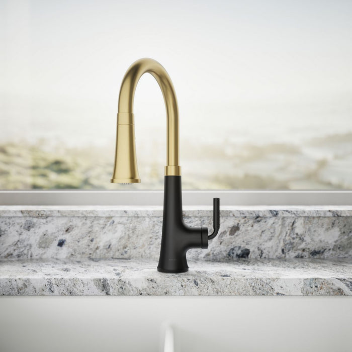 KOHLER K-23764 Tone Pull-down kitchen sink faucet with three-function sprayhead, matte black with brushed moderne brass -...