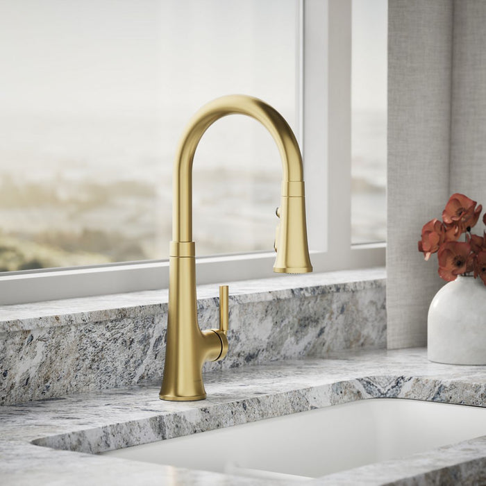 KOHLER K-23764 Tone Pull-down kitchen sink faucet with three-function sprayhead, vibrant brushed moderne brass - view 3