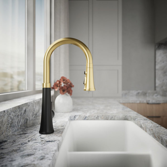 KOHLER K-23766 Tone Touchless pull-down kitchen sink faucet with three-function sprayhead, matte black with brushed...