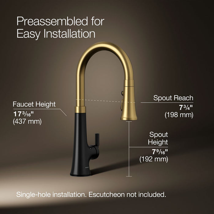 KOHLER K-23766 Tone Touchless pull-down kitchen sink faucet with three-function sprayhead, matte black with brushed...