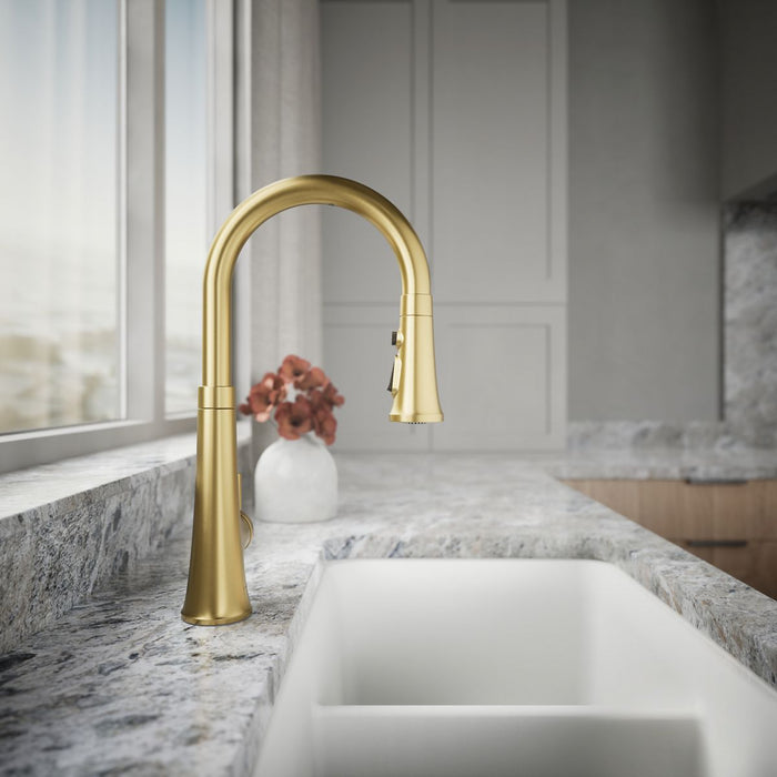 KOHLER K-23766 Tone Touchless pull-down kitchen sink faucet with three-function sprayhead, vibrant brushed moderne brass...