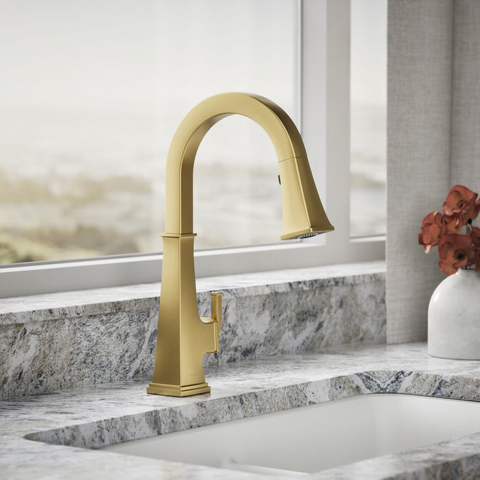 KOHLER K-23832 Riff Touchless pull-down kitchen sink faucet with three-function sprayhead, vibrant brushed moderne brass...