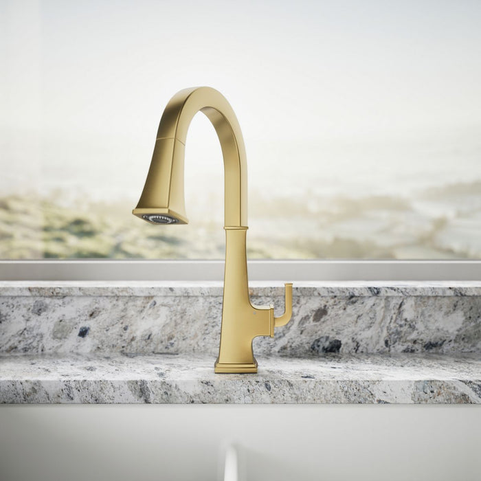 KOHLER K-23832 Riff Touchless pull-down kitchen sink faucet with three-function sprayhead, vibrant brushed moderne brass...