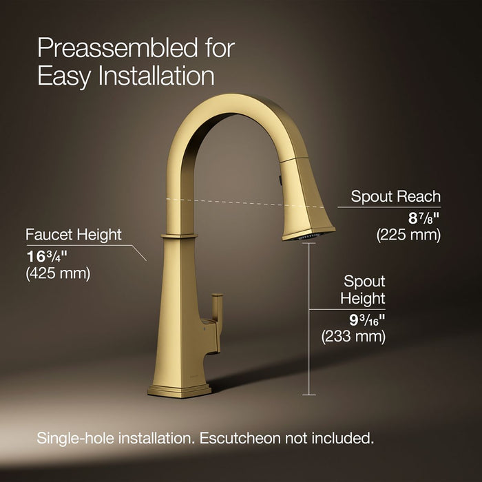 KOHLER K-23832 Riff Touchless pull-down kitchen sink faucet with three-function sprayhead, vibrant brushed moderne brass...