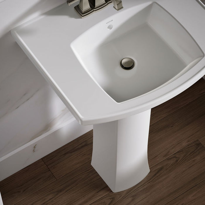 KOHLER K-24050-4 Kelston 23-3/4" Rectangular Pedestal Bathroom Sink, White - Shows close up detail of product in room