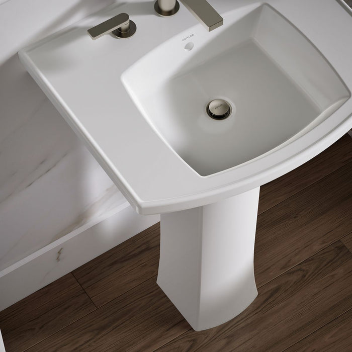 KOHLER K-24050-8 Kelston 23-3/4" Rectangular Pedestal Bathroom Sink, White - Shows close up detail of product in room