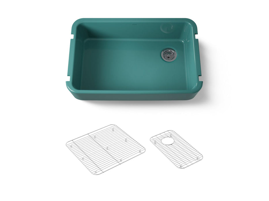 KOHLER K-24268 Ironridge 34" undermount single-bowl farmhouse kitchen sink, teal