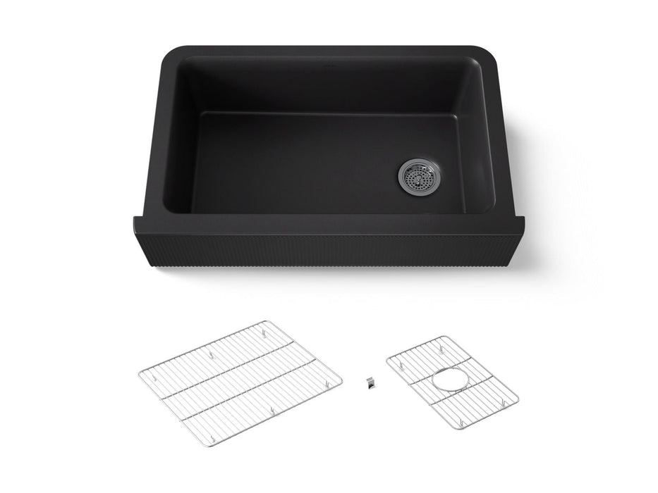 KOHLER K-25788 Cairn 34" undermount single-bowl farmhouse kitchen sink with fluted design, matte black