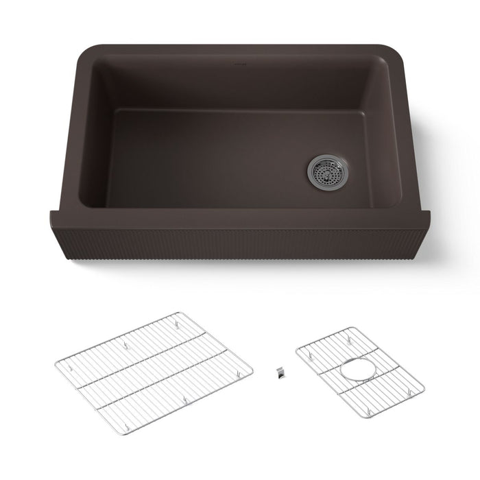 KOHLER K-25788 Cairn 34" undermount single-bowl farmhouse kitchen sink with fluted design, matte brown - view 5