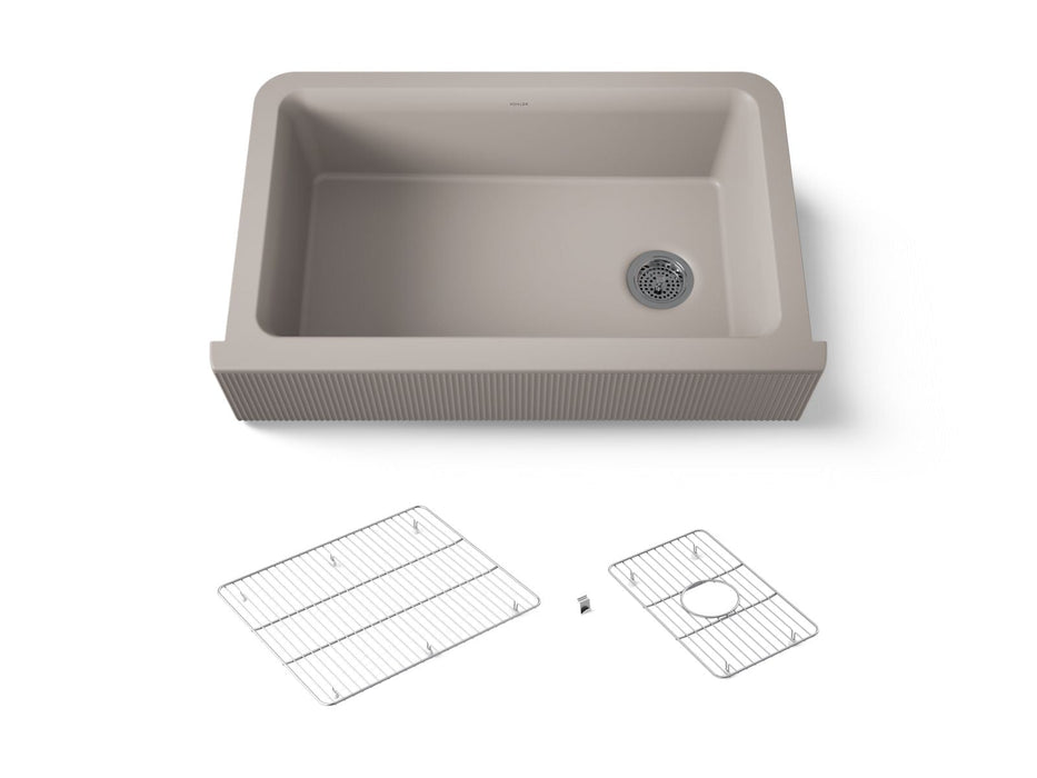 KOHLER K-25788 Cairn 34" undermount single-bowl farmhouse kitchen sink with fluted design, matte taupe
