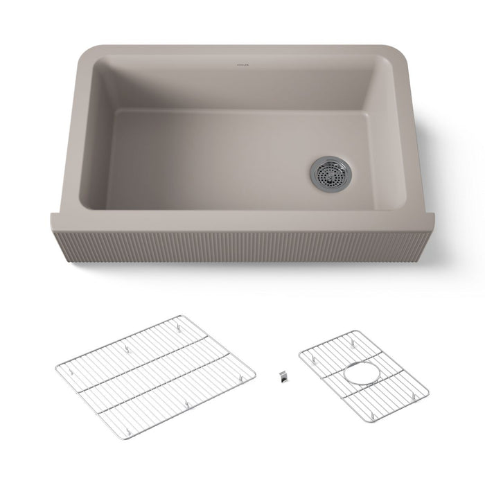 KOHLER K-25788 Cairn 34" undermount single-bowl farmhouse kitchen sink with fluted design, matte taupe - view 3