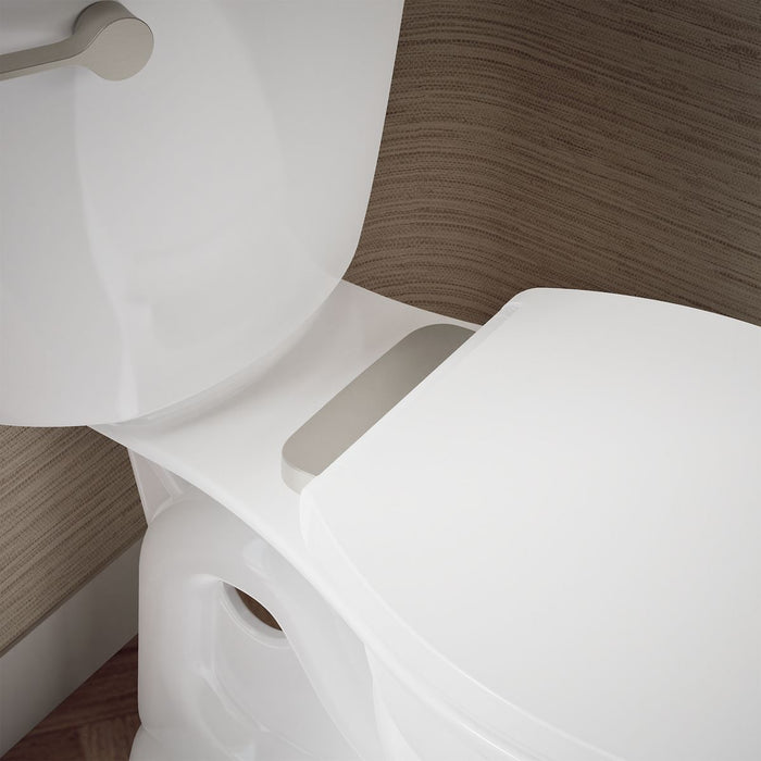 KOHLER K-27331-BN Glissade ReadyLatch® Quiet-Close™ Elongated Toilet Seat, White - Shows close up detail of product in room