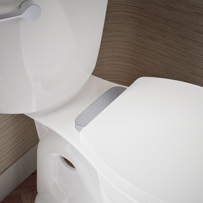 KOHLER K-27331-CP Glissade ReadyLatch® Quiet-Close™ Elongated Toilet Seat, White - Shows close up detail of product in room